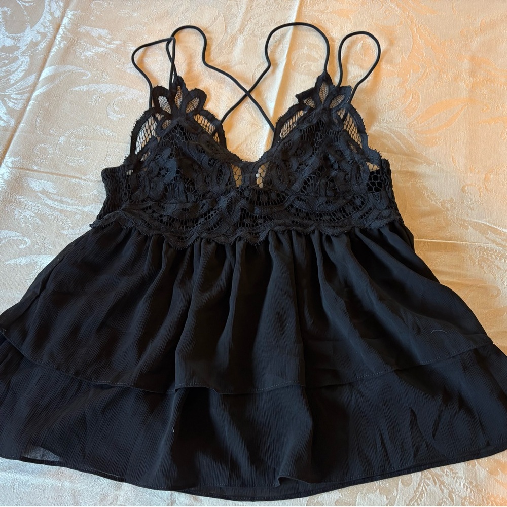 Black Goth Lace Cami Double Tier Peplum Shein Size Large Spaghetti Strap